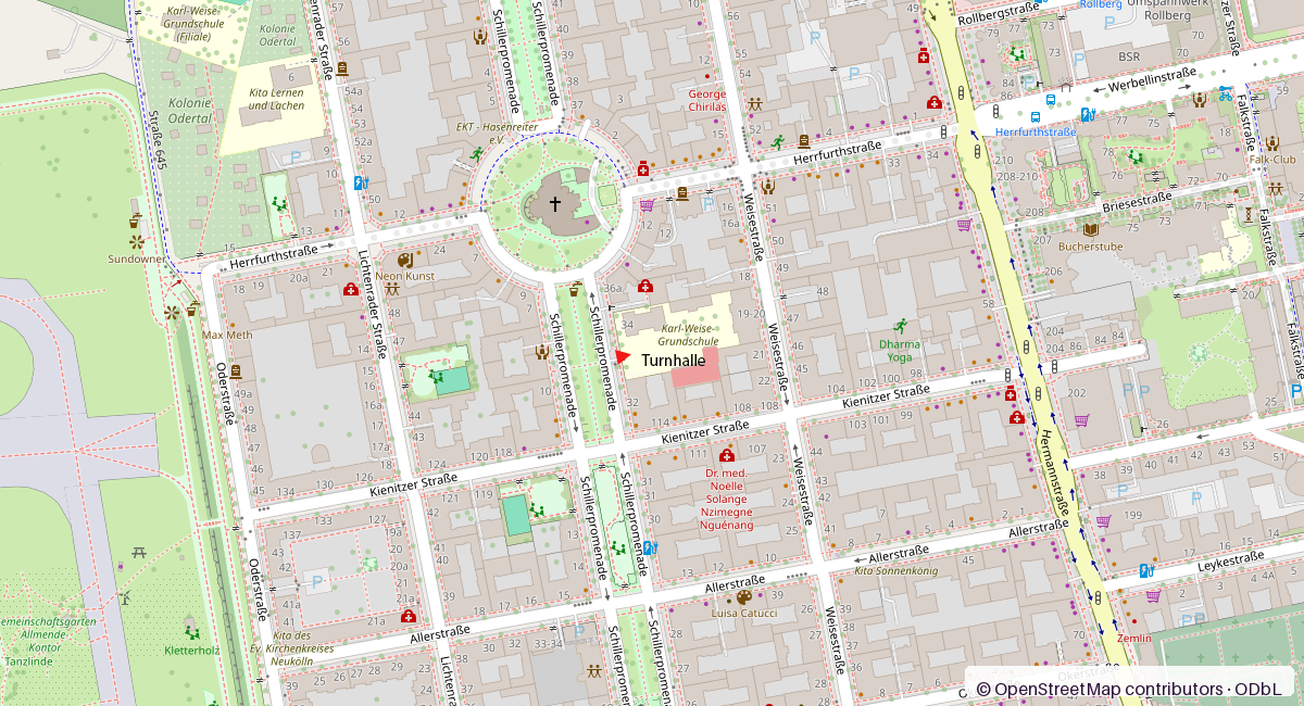 OpenStreetMap-Kartenausschnitt rund um die Karl-Weise-Schule mit markierter Turnhalle und Zugang zum Schulgelände